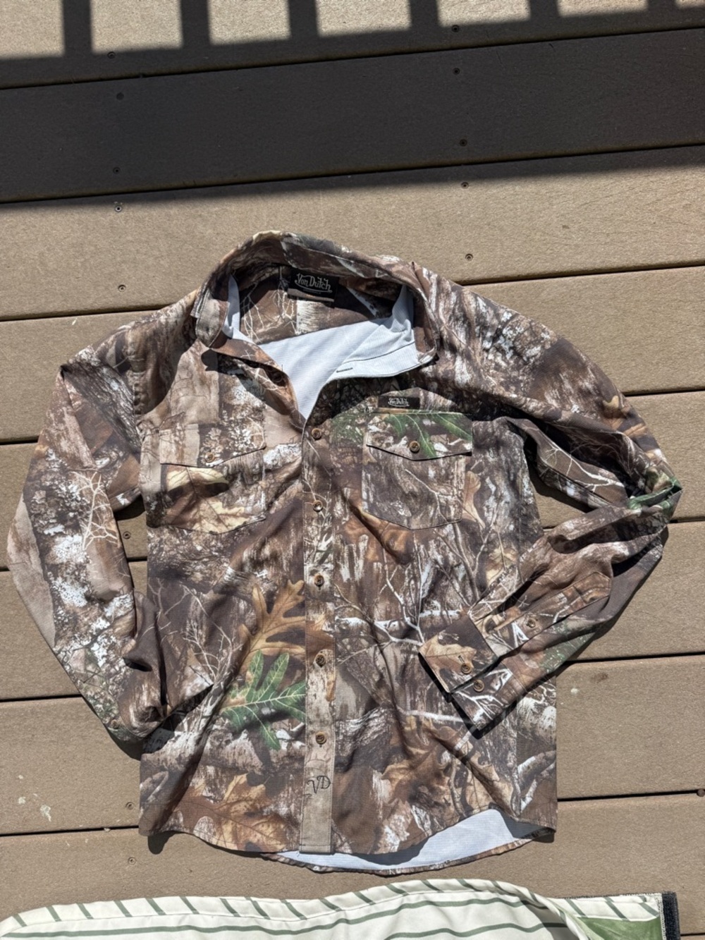 Von Dutch Brown and Green Camouflage Button-Up Shirt